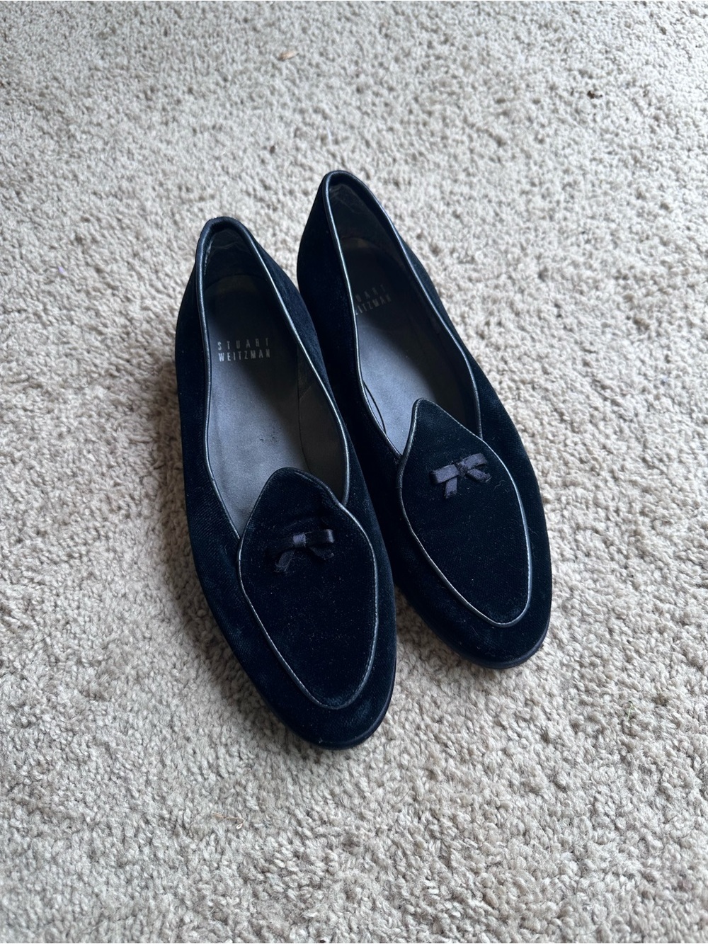 Stuart Weitzman Black Velvet Loafers with Bow Accent